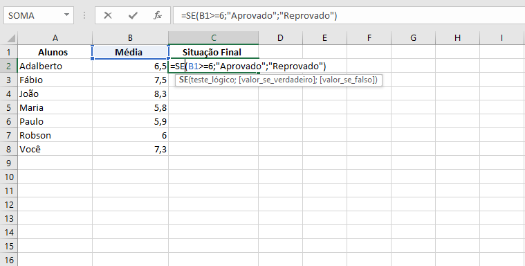 Função SE para Conceitos em Notas Escolares no Excel 05 